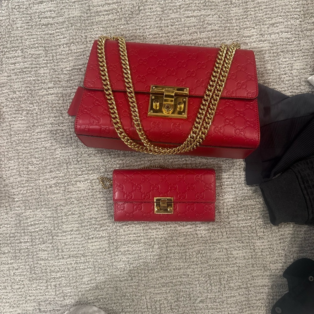 Gucci Red Leather Bag Gold Chain includes wallet bag as well 2 bags for 1 price
